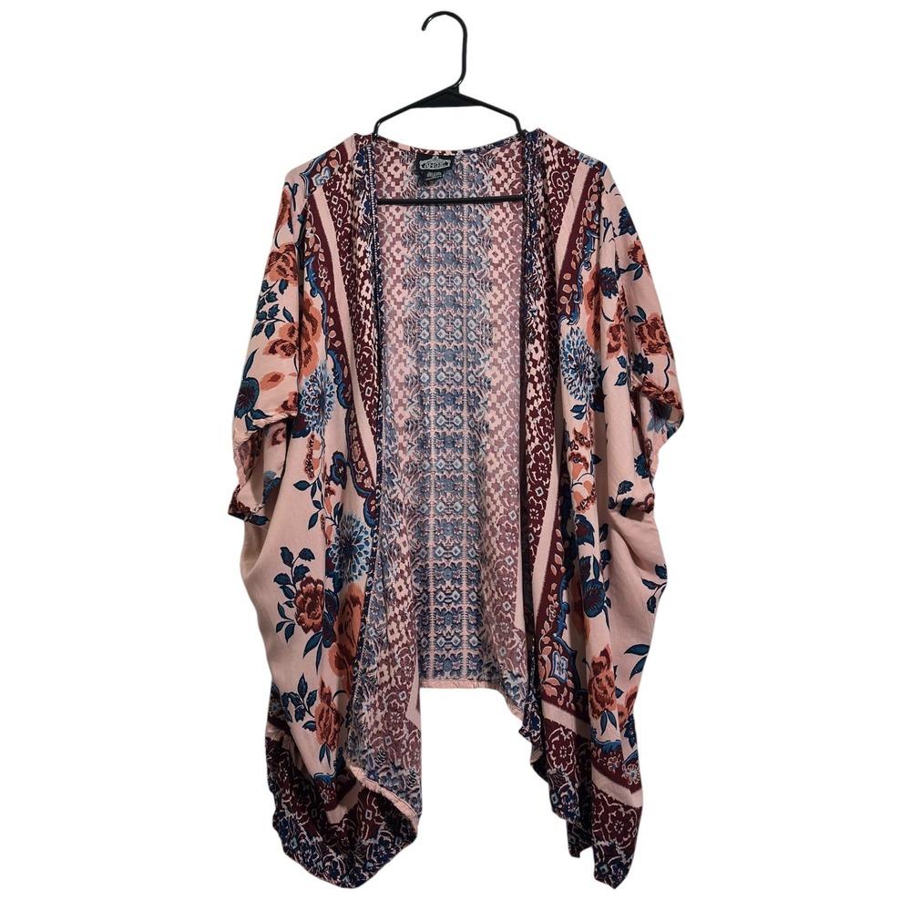 Angie Floral Kimono Cardigan Pink Blue Boho Open Front Cover Up Women's Size L